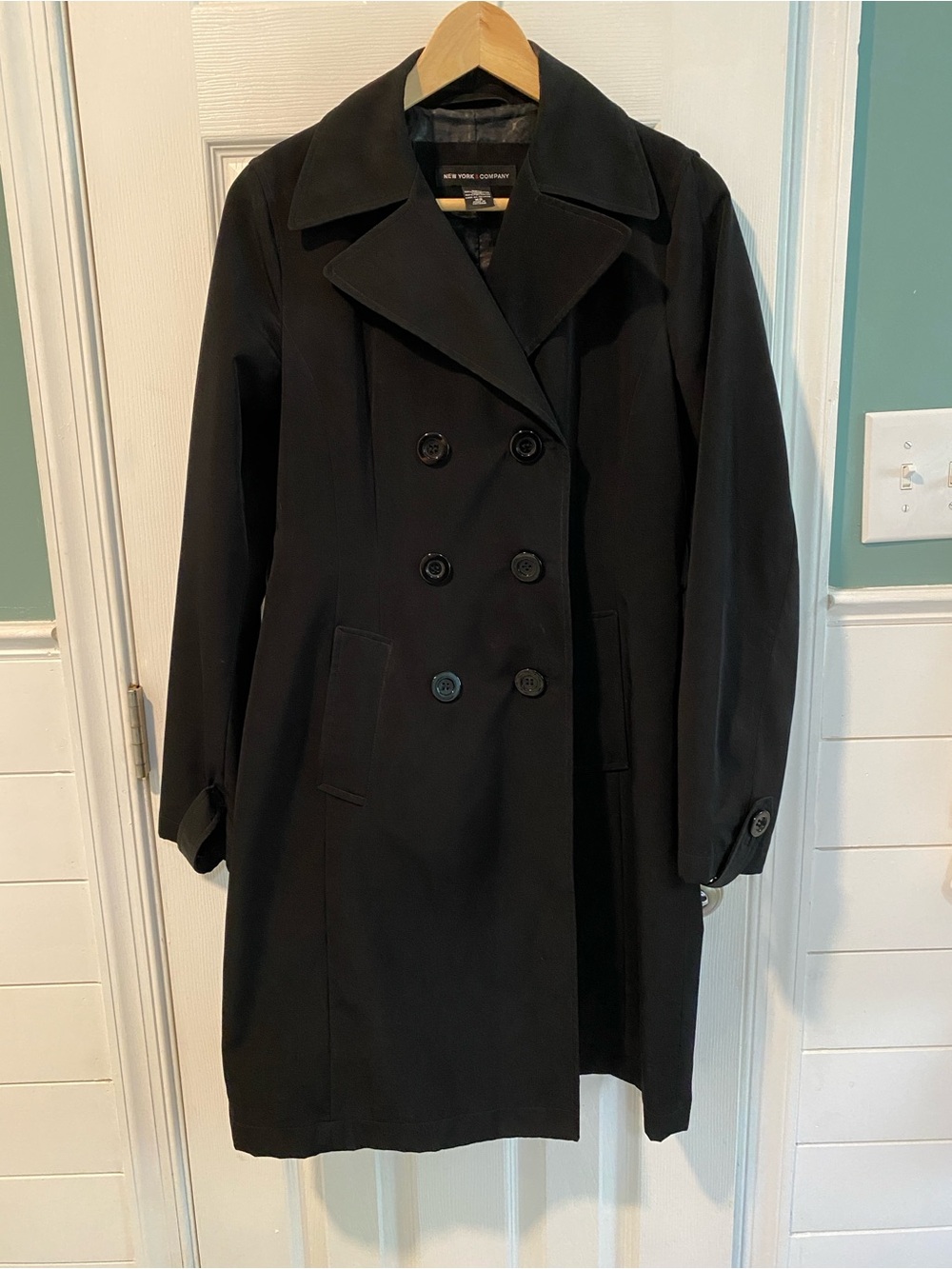 New York & Company Black Double-Breasted Trench Coat